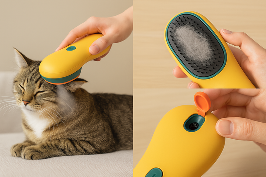 Cepillo Vapor Para Mascota amarillo, verde y naranjo, recargable con forma ovalada para mejor agarre, que este cepillando un gato y que despues muestre como demostar el pelo retirado, que ademas muestre que en la parte superior puede recargar con agua